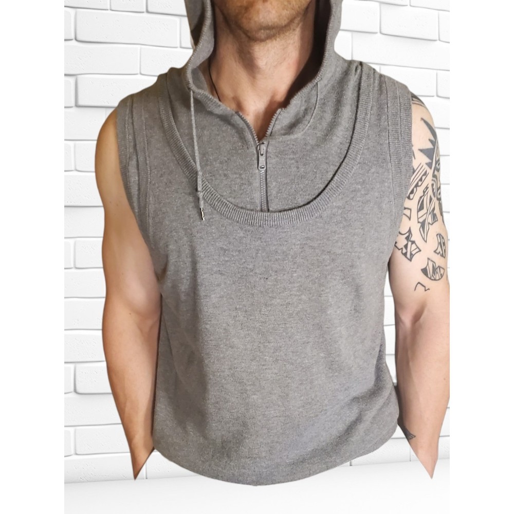 Vintage Armani Exchange Sleeveless Gray Hoodie with Faux Dickey Layer